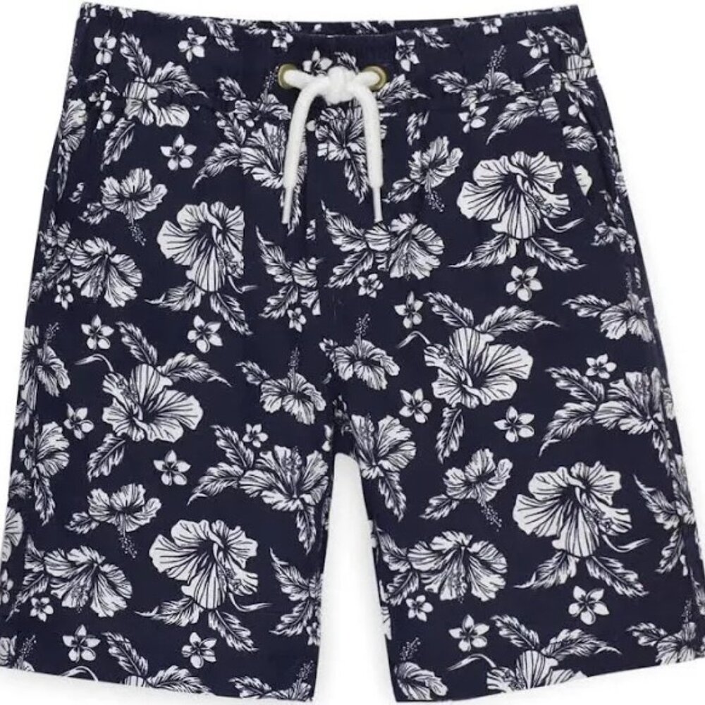 Hope & Henry Boys' Relaxed Linen Pull-On Shorts, Navy with White Flowers, Size 8